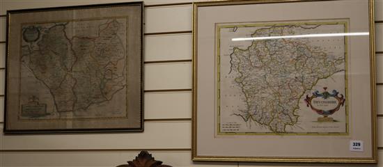 Robert Morden, 2 coloured engravings, Maps of Devonshire and Leicestershire, 38 x 43cm